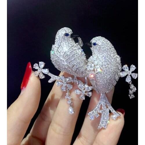 Double birds brooch pins 925 sterling silver fine women jewelry free shipping unisex brooch pave stone