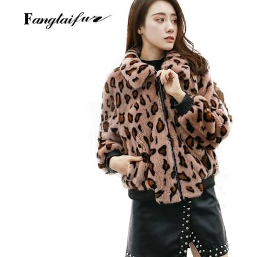 Fang Tai Fur 2019 Women Import Velvet Mink Fur Coat Turn-Down Collar Leopard Slim Mink Coats Womens Short Real Mink Fur Coats