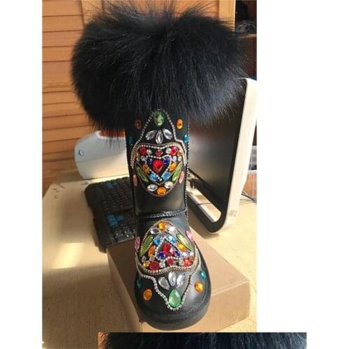 OLOMLB Womens Real Fox Fur Trim Real Leather Knee High Boots Diamond Colorful Snow Warm Fur Lining Thick Flats Shoes Australia