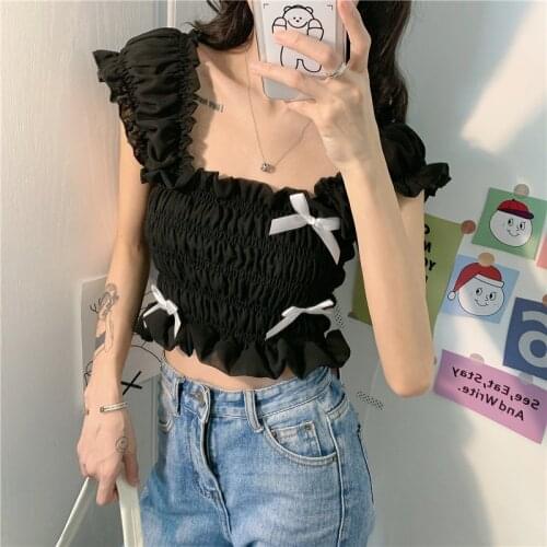 Women Summer Top Cute Slim Short Sleeveless Top with Bow Sweet Korean Tank Top Ruffle Y2k Crop Top Womens Clothing Summer 2021