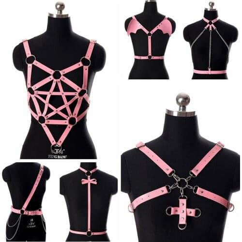 Pink Lingerie Belt Leather Harness Bralette Punk Gothic Top Pentagram Chest Belt Plus Size Adjustable Carnivals Rave Women Cage