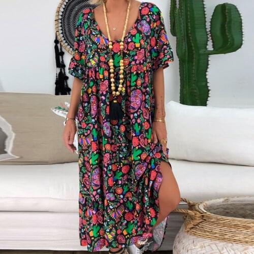 Bohemian Plus Size Dresses Womens Summer Flora Printed Beach Casual Long Dresses Short Sleeve Maxi Long Sundress Summer Dress