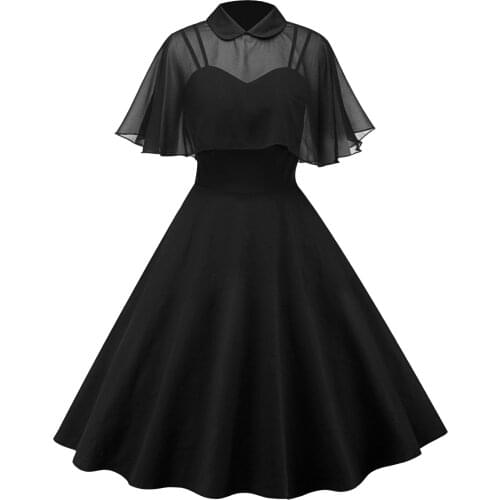 2020 Summer Sexy Vintage Pin Up Dress With Sheer Mesh Cape Party Club Dress Vestidos Black Purple A-Line Swing Dresses