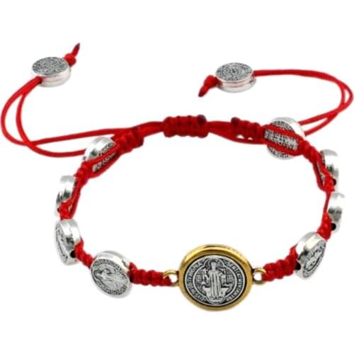 10pcs Zinc Alloy Saint Benedict Medal ON Adjustable Red Cord Hand-Woven Wrist Bracelet C-27
