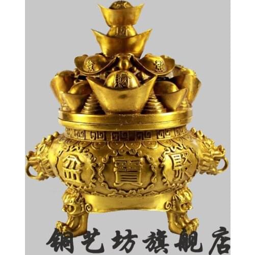 11" China Bronze Treasure Bowl Unicorn Head Wealth Ingot Yuanbao Money Statue