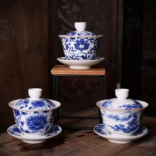 Chinese Tea Cup 180ml Big Tea Bowl Blue and White Porcelain GaiWan Ceramic Tea Coff eeCup and Saucer Set