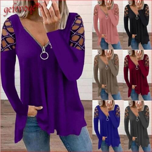 2021 Autumn Fashion Plus Size Women Clothing Casual Sexy V-neck Hollow Out Long Sleeve Rhinestone Tops Female Zipper Tee T-shirt