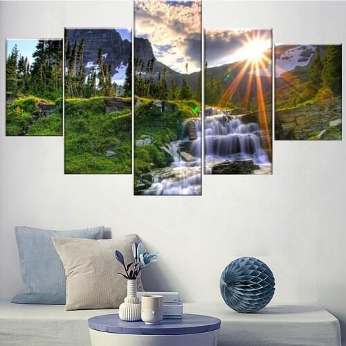 5 Pieces Wall Art Canvas Painting Sunrise Forest Waterfall Landscape Poster Modern Pictures Decoration Home Living Room Frame