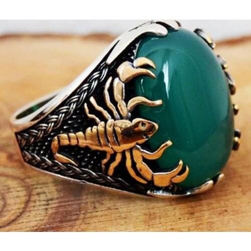 Bohemia Domineering Scorpion Skull Motorcycle Biker Ring Vintage Punk Green Stone Scorpion Pattern Rings for Men Hip Hop Jewelry