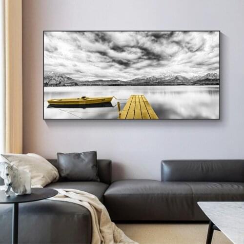 Black and White Landscape Prints Canvas Painting Lake Yellow Bridge Boat Posters Wall Art Sky Pictures for Living Room Bedroom