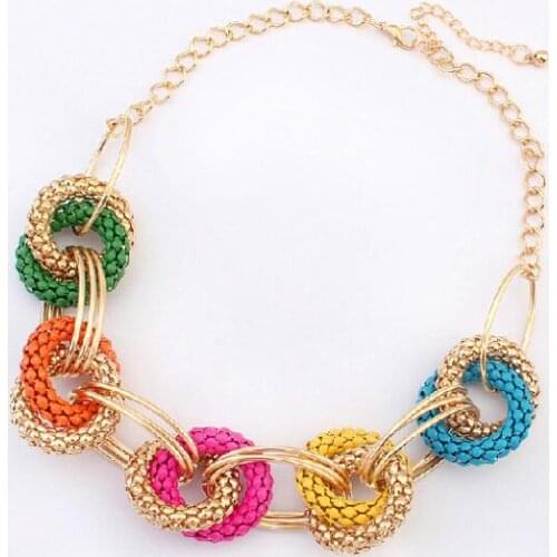 LEMOER National Wind Exaggerated Colorful Circles Pendants Necklaces Big Metallic Chain Geometry Statement Shourouk Jewelry