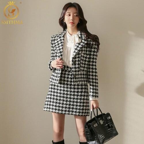 New Autumn Winter Women Houndstooth Two Piece Set Ladies Long Sleeve Woolen Tweed Jacket Coat+ Short Pencil Office Skirt Suits