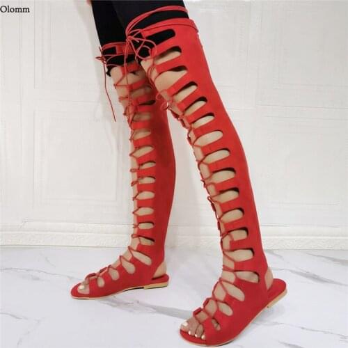 Olomm New Arrival Handmade Women Gladiator Summer Sandals Flat With Heel Lace Up Open Toe Pretty Red Casual Shoes US Size 5-15