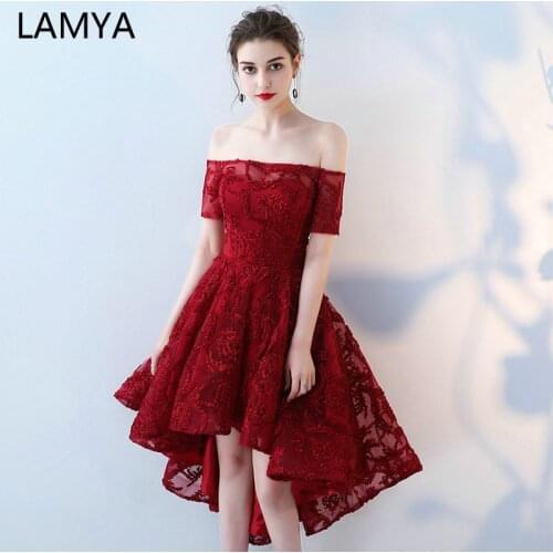 LAMYA Boat Neck With Short Sleeve Prom Dresses Vintage Front Back Long Tail Banquet Evening Dress 2021 High Low Back vestido de