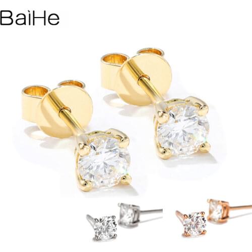 BAIHE Genuine Solid 14K Yellow Gold 0.20ct H/SI Natural Single Diamond Four Prong Earrings Women Fine Jewelry серьги 2020 тренд