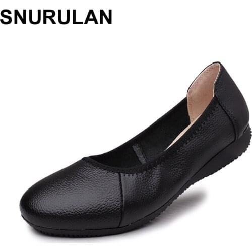 SNURULAN Fashion Genuine Leather Ballet Flat Shoes Woman Pointed Toe Plus Solid Black Shallow Soft Office Work Pregnant Shoes