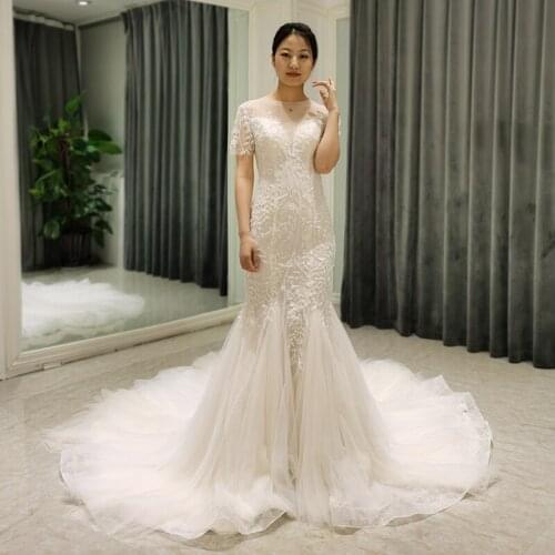 SL-8372 real picture sexy mermaid wedding dress 2022 lace short sleeve bridal gowns beads wedding gowns bridal dress