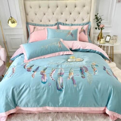 Svetanya Green Feathers Dreamcatcher Embroidery Silk Cotton Bedlinens Print Bedding Set Sheet Pillowcase Duvet Cover