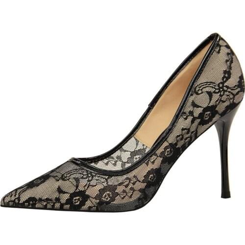 Sexy slim high heels womens shoes stiletto high heels shallow mouth pointed toe mesh hollow lace single shoes