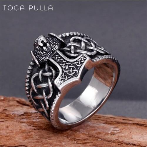 Vintage Gold/Silver Color Celtics Spiral Knot Ring Stainless Steel Thors Hammer Nordic Viking Rings Men Amulet Jewelry