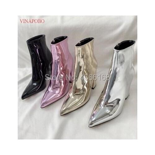 2019 Gold Silver Women Winter Shoes Patent Leather Metallic short Boots Ladies Ankle Boots Spring Autumn High Heels Boots Woman