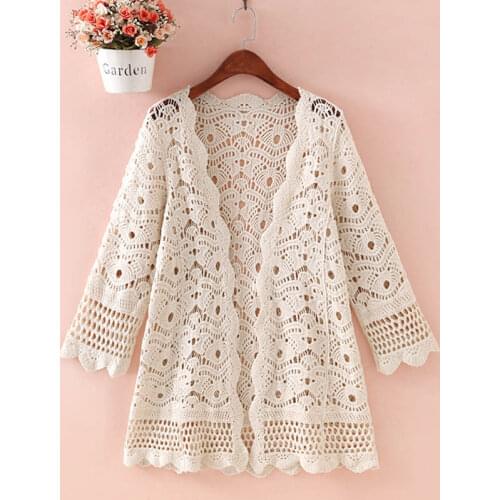 2021 Summer New Knitted Women Sweater And Cardigan Lace Hollow Out Solid Ruffles Loose Lady Elegant Outwear Coat Tops