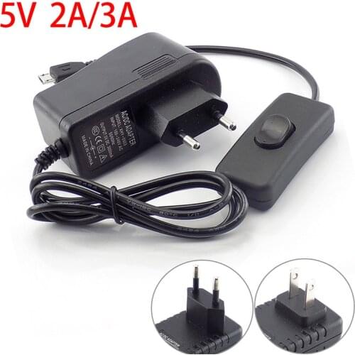 AC DC 5V 2A 3A 3000mA Micro USB DC Power Adapter supply US EU Plug on/off switch 100V 240V Converter charger for Raspberry Pi B