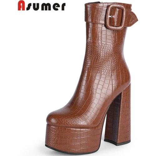 Asumer 2021 European Style High Heel Platform Boots Women Sexy Party Shoes Round Toe Buckle Autumn Winter Ankle Boots Women