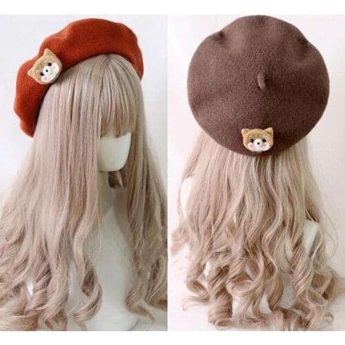 Lolita corgi bear beret hat women handmade wool felt painter hat autumn and winter cute hat beanie hat solid color woolen hat