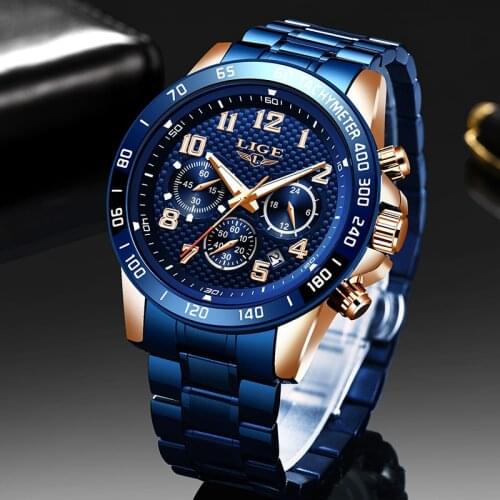 2020New LIGE Waterproof Men Watches Top Brand Luxury Blue Mesh Steel Quartz Watch Men Fashion Date Chronograph Relogio Masculino