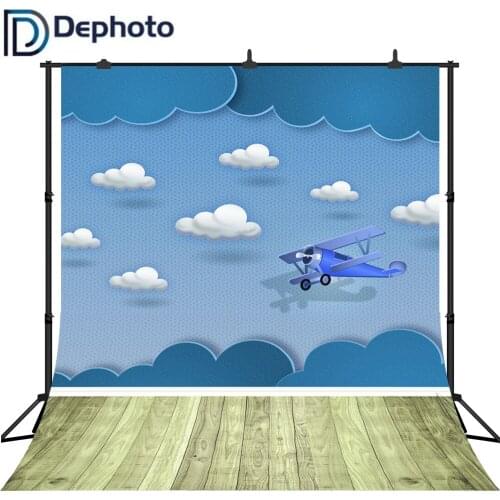 Dephoto Cartoon Blue Sky White Cloud Wood floor Boy Baby Birthday Party Banner Decoration Pilot Aircraft Photography Backdrops
