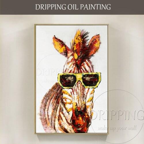 Cheap Price Pure Hand-painted African Animal Zebra Oil Painting on Canvas Cool Animal African Zebra with Sunglasses Oil Painting