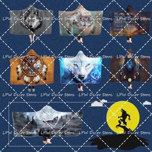 Wolf Hooded Blanket Anti-Pilling Flannel Wearable Blanket Hoodie-Plush Warm Blanket Throw Blankets Fit for Kids Adults Teens