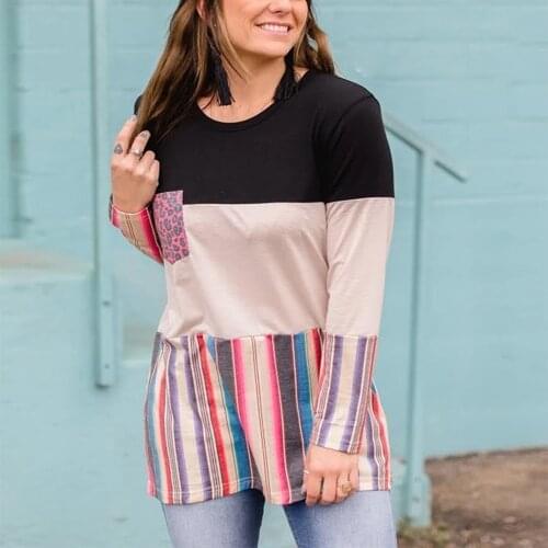 Autumn Long Sleeve T-shirt For Women Color Block Leopard Pocket Casual Pullover Top Female O-Neck Tees Ladies Fashion Streetwear