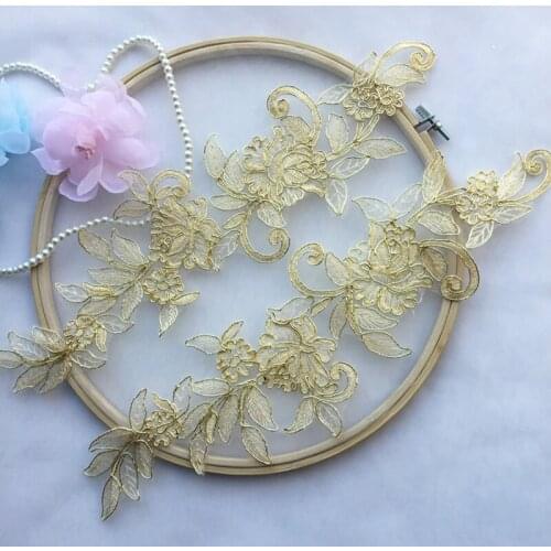 Hot Sale Craft Collar Floral 3D Gold Lace Applique Trim Decorated DIY Lace Neckline Collar Sewing Dress Decor 2 pairs for sale
