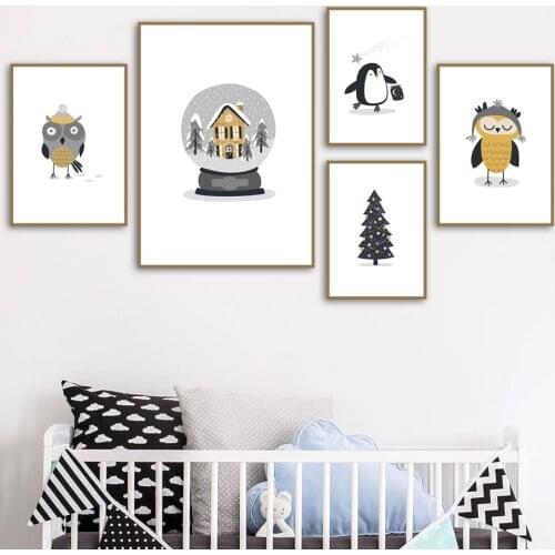 Crystal Ball Christmas Tree Penguin Canvas Painting Wall Art Nordic Posters and Prints Wall Pictures for Living Room Decoration