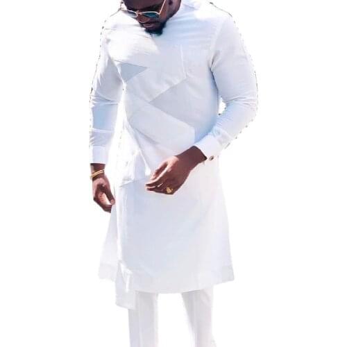 Senator Style Mens Pant Suit Custom Made Solid White Patchwork Tops+Elastic Waist Trousers Custom African Party Clothing