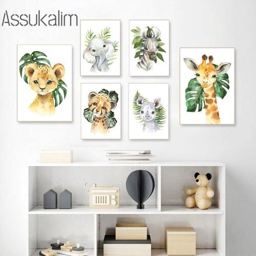 Leaf Animal Poster Prints Giraffe Lion Canvas Painting Elephant Zebra Wall Art Posters Nursery Print Nordic Kids Room Decoration