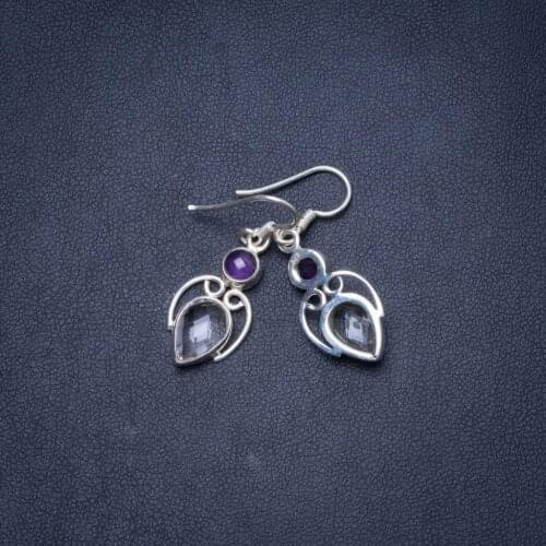 Natural White Topaz and Amethyst Handmade Unique 925 Sterling Silver Earrings 1.25" Y1103