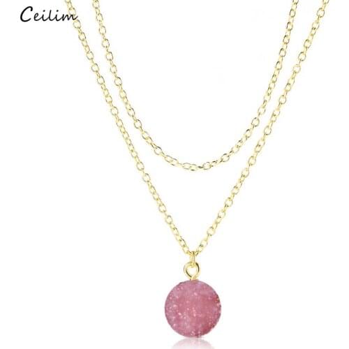 2020 Newest Round Natural Druzy Stone Pendant Necklace Fashion Pink Crystals Double Layered Necklace for Women Jewelry Collares