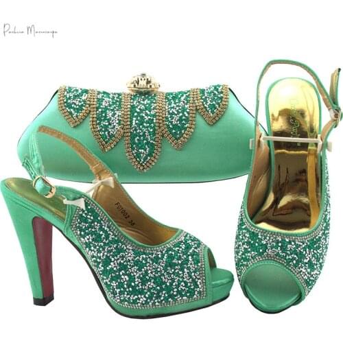 New Fashion Mature Spring Women Party Shoes And Bag Set For Party Nigerian Style Light Green High Heel Sandals And Bag Set