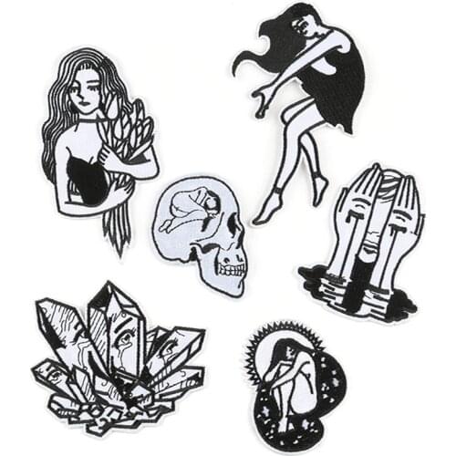 Wholesale Black and white girl style Punk DIY applique embroidery sticker ironing iron patch sewing clothes decoration badge