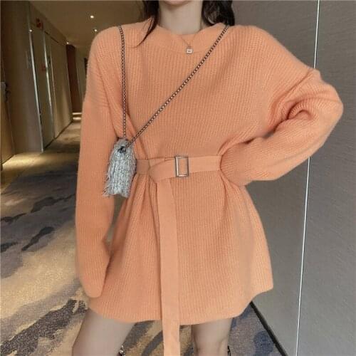 Sweater dress spring and winter clothing 2021 new female Korean round neck long-sleeved belter solid color a-line knitted dress