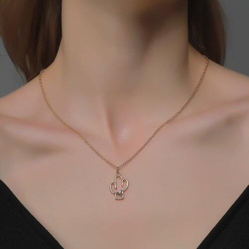 QiLuxy New Lock Cactus Heart Butterfly Pendant Necklaces for Women Crystal Necklace Fashion Jewelry Simple Choker Collares