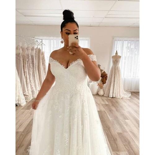 Plus Size A-Line Wedding Dress Off The Shoulder Lace Appliques Tulle Backless Floor Length Sweep Bridal Gown vestido de noiva