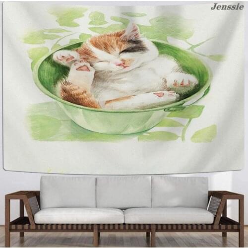 Cartoon Cute Cat Panda Tapestry Tea Cup Cat Wall Hanging Tapestries For Kids Students Bedroom Dormitory Tapestry Home Textiles
