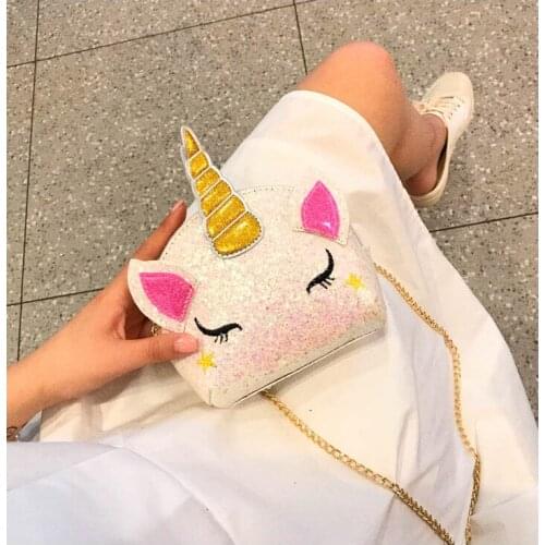 New Cartoon Chain Girl Pouch Cute Unicorn Coin Purse Personality Sequin Shoulder Messenger Bag Out Travel Bag kids purses