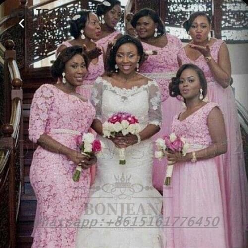 Light Coral Bridesmaid Dresses Lace V Neck Lace Up Back South African Bridesmaid Dress Black Girls Wedding Party Dress