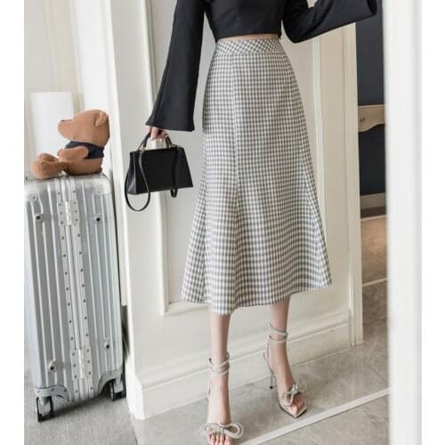 High Waist Plaid Fishtail Skirt Women Summer New Irregular Stitched Mid Skirt Women Fashion A-line Skirt Woman