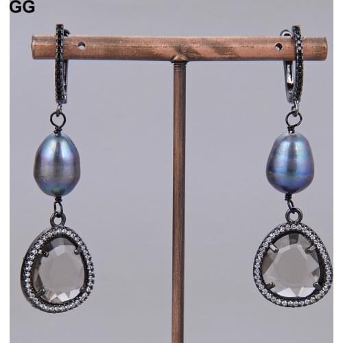 GuaiGuai Jewelry Natural Black Rice Pearl Smoky Quartzs Crystal Earrings CZ Paved Hook